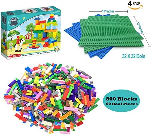 4 Baseplates + 800 Toy Building Bricks Blocks 100% Compatible with All Major Brands Large Sheets 10x10 Inches great for Activity Table Boards 2 Blue 2 Green