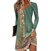 Akivide Women's Long Sleeve Boho Floral Printed Button Dress Casual Ethnic V-Neck Knee Length Fall Dresses for Women 2023