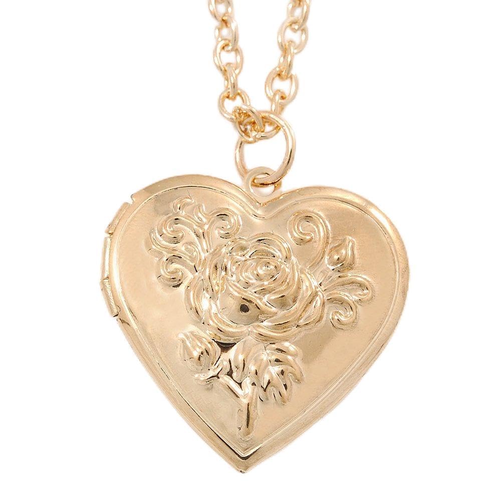 Avalaya Medium Gold Tone Heart with Rose Motif Locket Pendant - 44cm L/ 6cm Ext