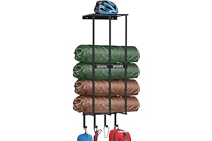 CHJGROUP Camping Chair Storage, Metal Camping Chair Holder for Garage with 4 Hooks, Beach Chair and Umbrella Wall Storage Rack, Black