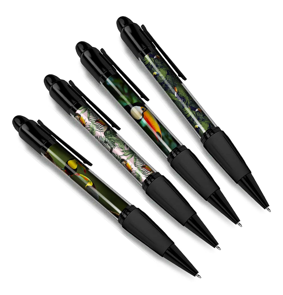 DV DESIGN Set of 4 Toucan Black Ballpoint Pens - Bird Animal Nature Wildlife Wild Travel Portrait Boys Girls Men Women Theme Pen #79483