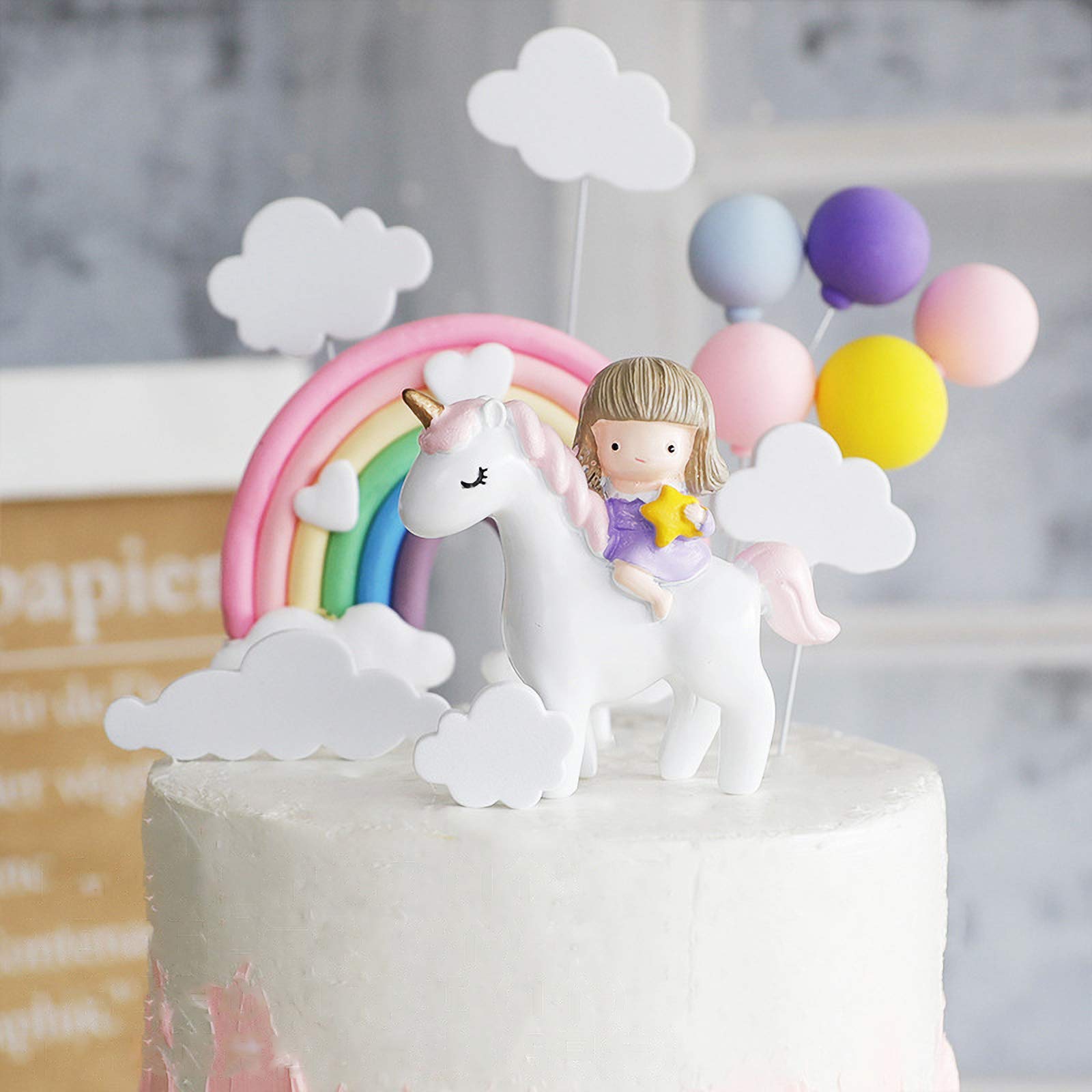 Bonamana Unicorn Cake Topper Set Unicorn Girl Princess Cake Decoration Set Handmade Happy Birthday Cake Topper Include Rainbow Cloud Balloon Shape