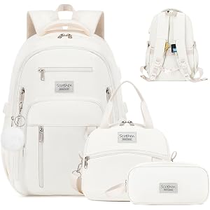 3PCS Multi-Pocket Backpacks for Girls with Lunch Bag & Pencil Pouch (Beige) | Bookbag Set with Insulated Bag, Large Capacity
