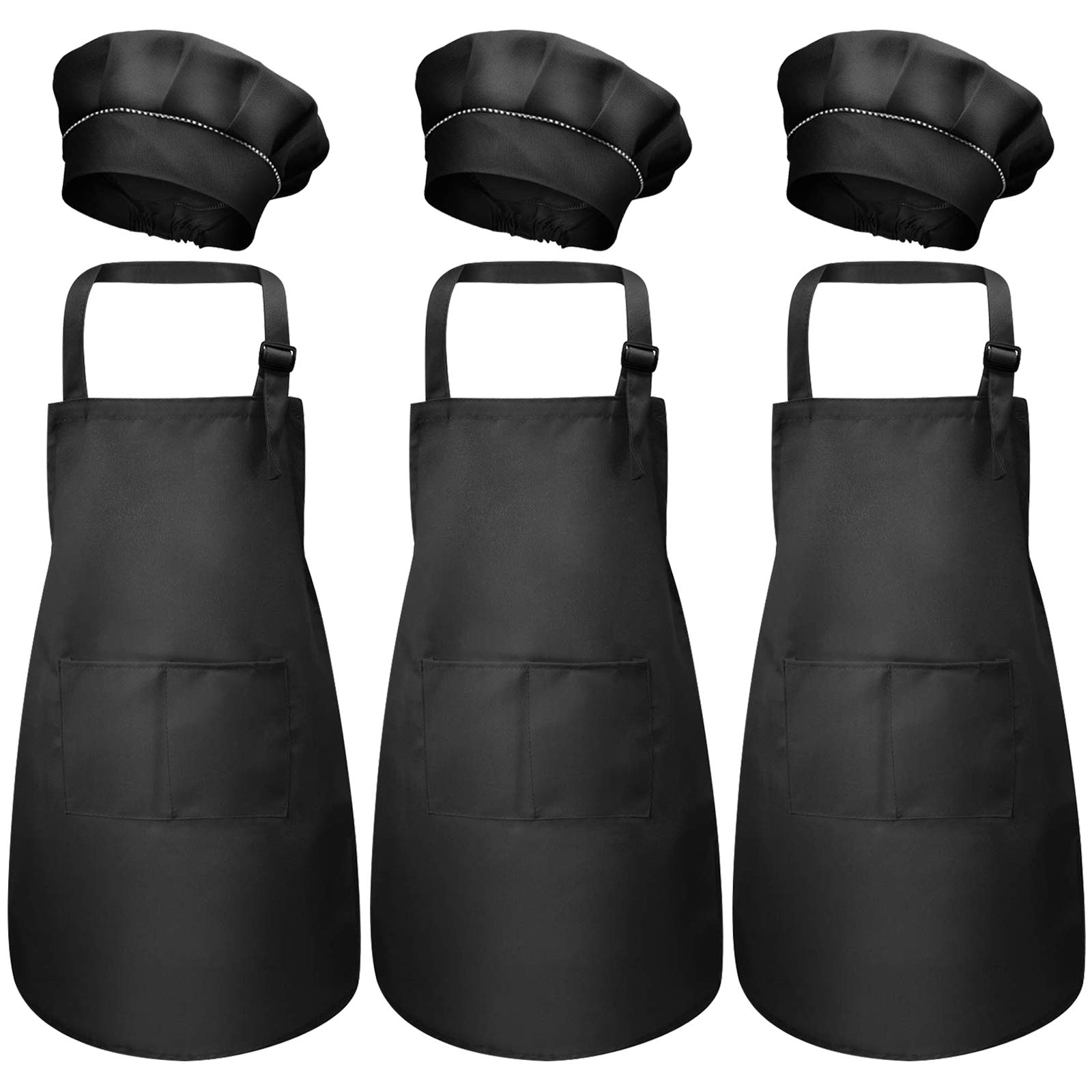 6Pcs Kids Apron and Chef Hat Set, Adjustable Children Cooking Aprons with Pockets for Boys Girls, Kitchen Garden Bib Apron, Toddler Chef Aprons for Crafting Painting Baking (M for 3-6 Age) (Black)