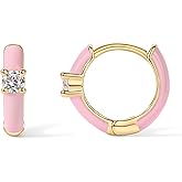 PAVOI 14K Gold Plated 925 Sterling Silver Post Earrings for Women - Colored Enamel Cubic Zirconia Huggie Hoop Earrings - Blue Pink Purple White Jewelry