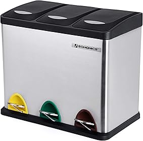 SONGMICS Cubo de Basura de Acero Inoxidable, Basurero Reciclaje, Tres compartimientos con Pedal LTB24L 