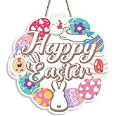 Happy Easter Door Sign, Happy Easter Wall Decorations, Bunny Rabbit Egg Wooden Hanging Sign for Spring Holiday Indoor Outdoor Home Porch Window Hanger Decor