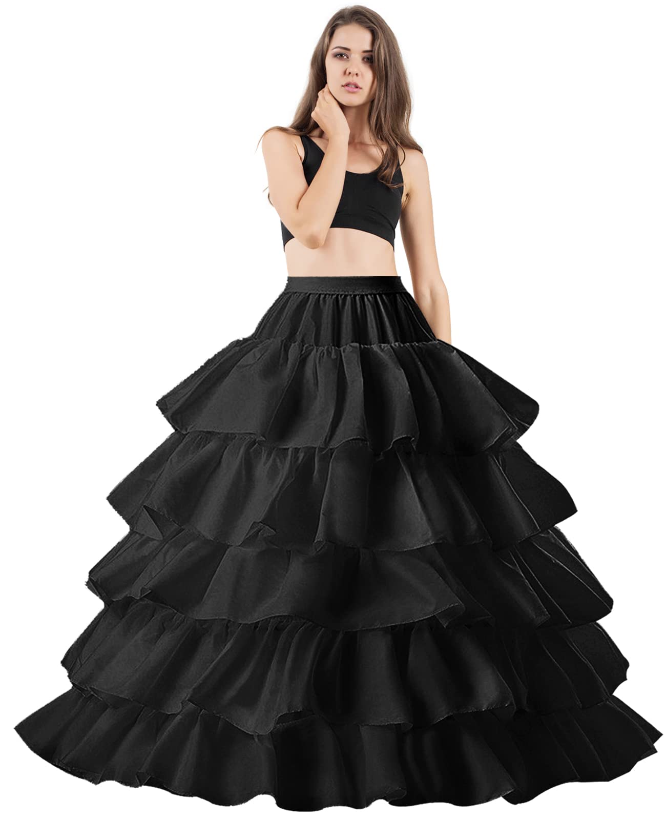 Photo 1 of Women's 4 Hoop Skirt 5 Ruffles Layers Petticoat Skirt for Party Wedding Crinoline Slip Underskirt (US, Alpha, One Size, Regular, Regular, Standard, Black)