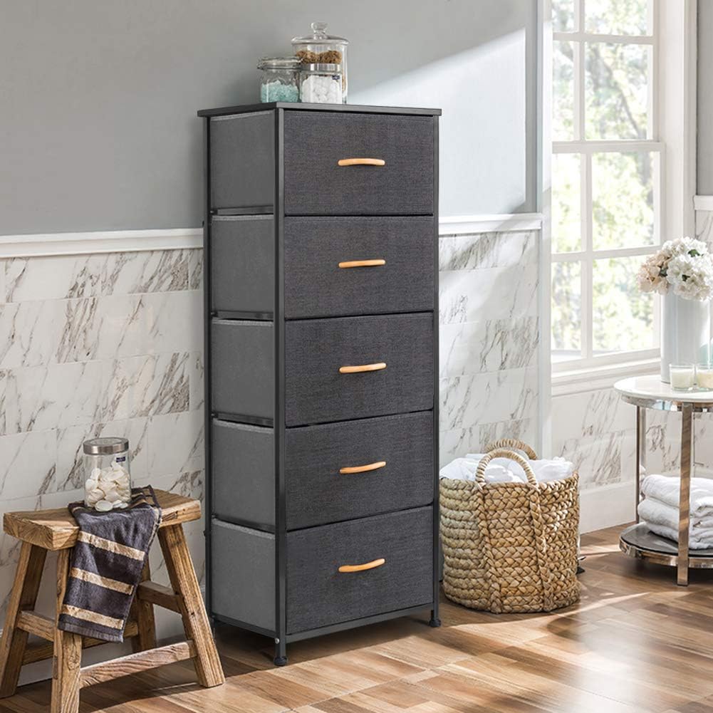 Crestlive Products Vertical Dresser Storage Tower - Sturdy Steel Frame, Wood Top, Easy Pull Fabric Bins, Wood Handles - Organizer Unit for Bedroom, Hallway, Entryway, Closets - 5 Drawers (Gray): Home Improvement