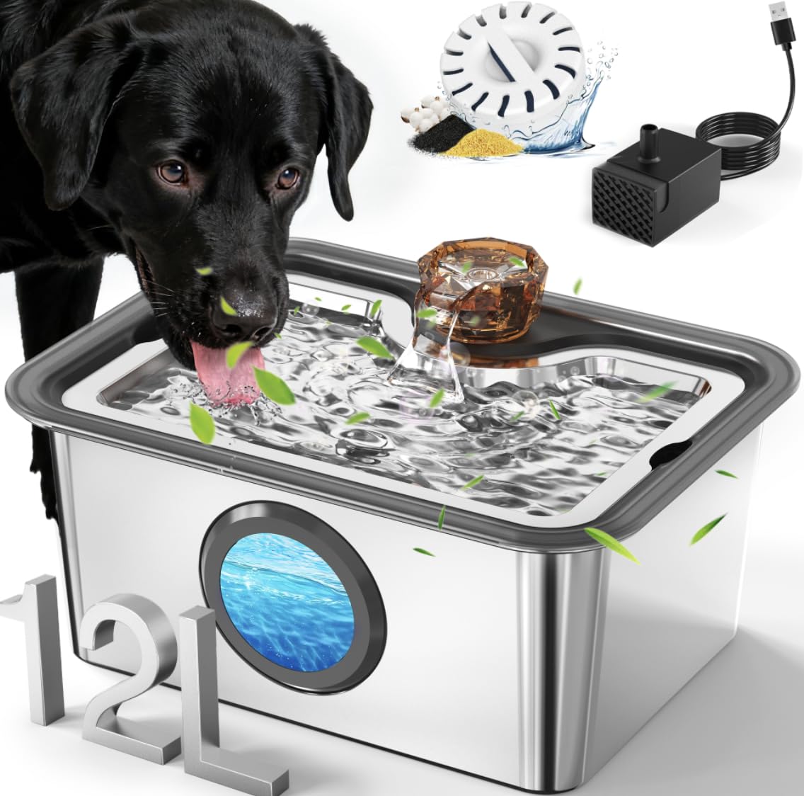 Photo 1 of 12L/3gal Stainless Steel Large Dog Water Fountain for Large Dog, Electric Pet Water Dispenser with Water Level Window&LED, Cat and Dog Fountain Water Bowl for Multi-Pet Home,Super Quiet