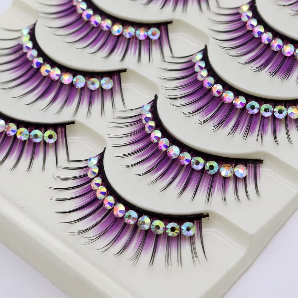 LSTHK 5 Pairs 3D Fluffy False Eyelashes - Natural Look, Colourful, Hotfix Rhinestone Purple for Work, Dating, Party, Cosplay