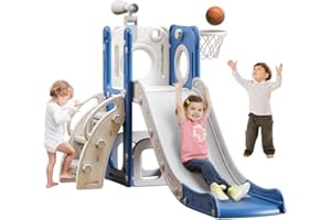 BAVNNRO 6 in 1 Toddler Playset with Slide, Kids Slide with Basketball Hoop, Ball, Ring Toss, Indoor Outdoor Toys (Blue)