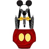 FMYFWY Baby Boy Cake Smash Outfit 1st Birthday Photo Props Costume Bloomers Suspenders Bowtie Ear Headband 4Pcs Clothes Set
