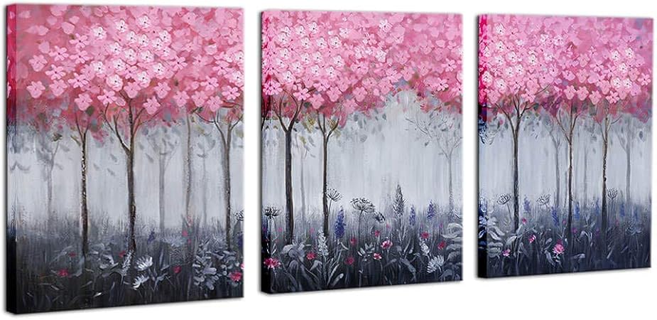 Pink Flower Canvas Wall Art For Girls Bedroom Modern Framed Wall Decoration Abstract 3 Pieces Pink