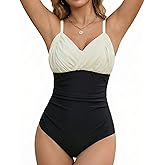 VECENEY Women Tummy Control One Piece Swimsuit Ruched Slimming Bathing Suit V Neck Modest Swim Suits