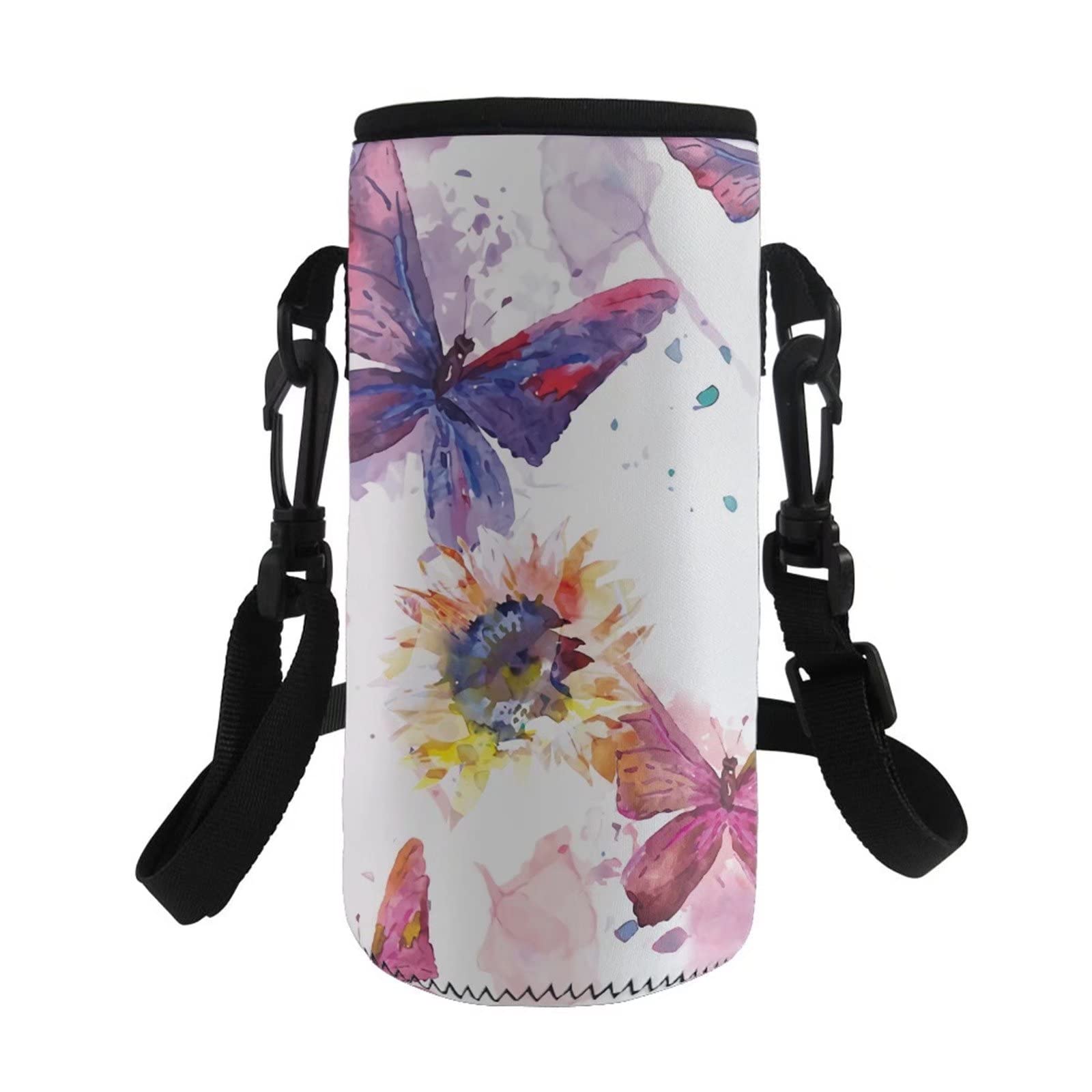 COEQINE Water Bottle Carrier Bag Case, Insulated Neoprene Water Bottle Holder with Adjustable Shoulder Strap for Men Women Kids Hiking,with Sunflower Butterfly Pattern
