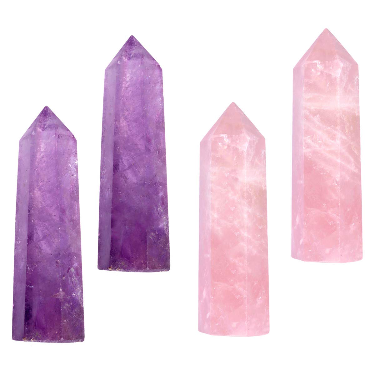 mookaitedecor 4 PCS Healing Crystal Wands Single Point 2" Amethyst, Rose Quartz 6 Faceted Reiki Stone for Meditation Therapy Decor