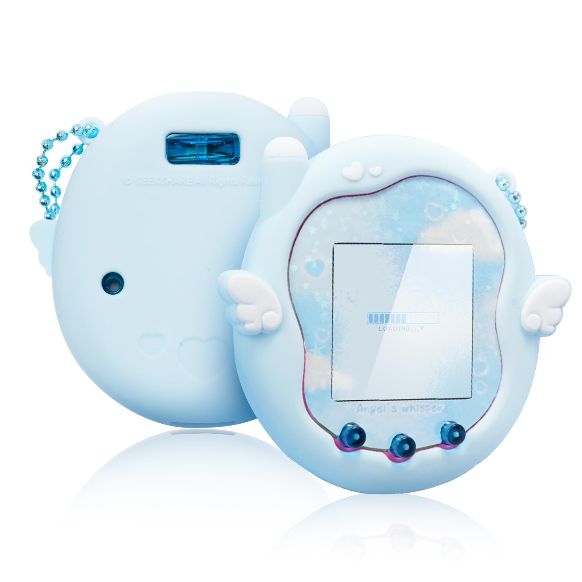 Cute Angel Whisper Silicone Case for Tamagotchi Uni, Full-Body Protective Cover with Decorative Stickers and Acrylic Charm - Blue