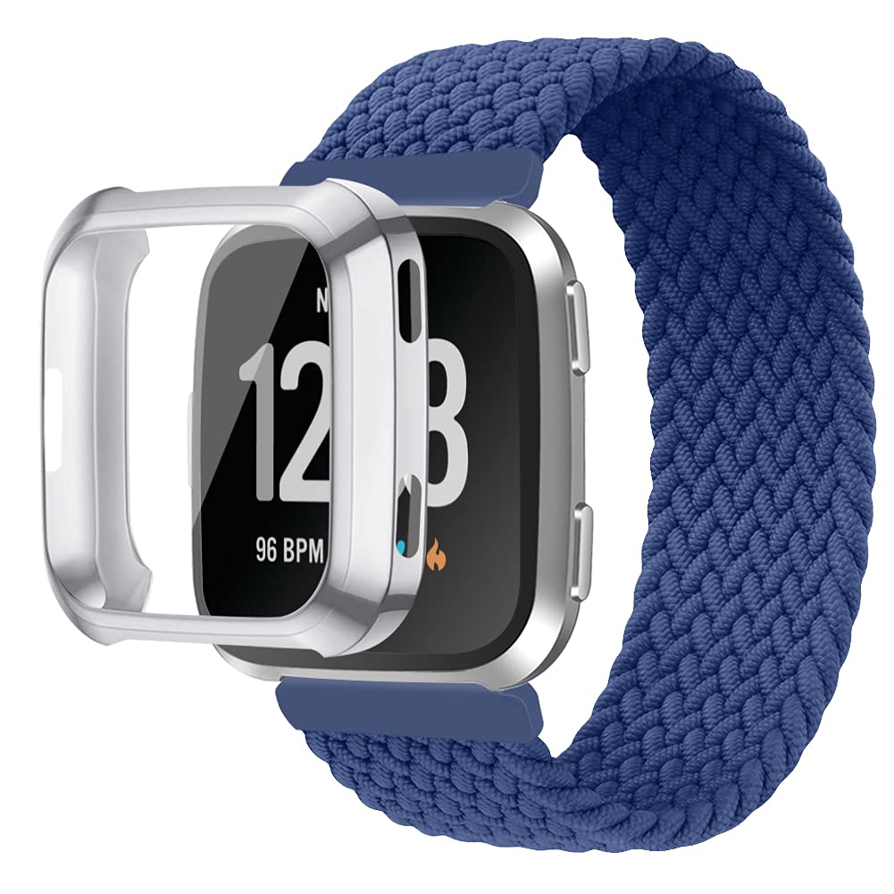 Vozehui Braided Solo Loop Strap Compatible with Fitbit Versa/Fitbit Versa 2 Strap, Elastic Soft Nylon Sport Replacement Band for Fitbit Versa 2/Fitbit Versa/Versa Lite, (with One Protective Case)