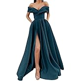 SoDigne Off Shoulder Long Slit Prom Dresses for Women A-Line Backless Satin Formal Evening Party Gown with Pockets
