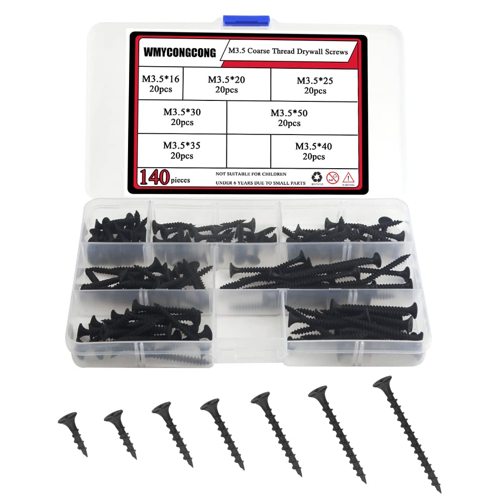 WMYCONGCONG 140 PCS Coarse Thread Drywall Screws M3.5 Flat Head Self Tapping Screw Assortment Kit for Drywall Sheetrock Wood Furniture and Cabinet