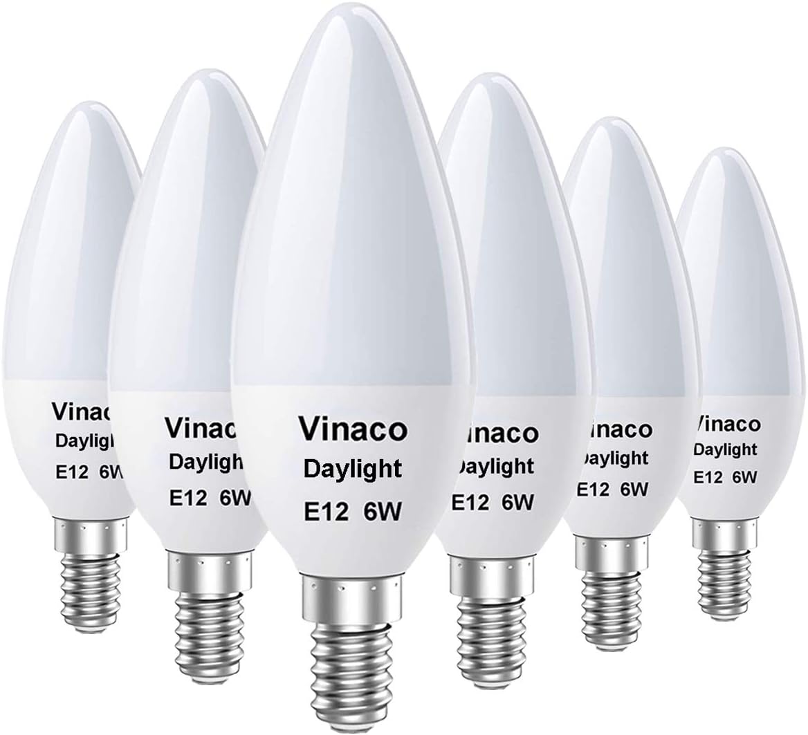 Vinaco Candelabra LED Bulbs Daylight, High Brightness 600LM and CRI90 E12 LED Bulb 6W (60W Equivalent) E12 Candelabra Base for Ceiling Fan Light Bulbs, LED Chandelier Light Bulbs, Pack of 6 - - 