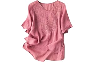 JOAU Women's Embroidered Blouse Cotton Linen Puff Short Sleeve Crew Neck Peasant Boho Top Casual Loose Button-Down T Shirts