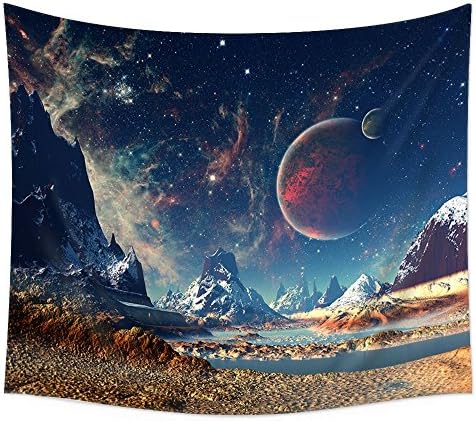Wall Tapestry Hanging, Planet with Earth Moon and Mountains – Light-weight Polyester Fabric Wall Decor (60"H x 80"W)