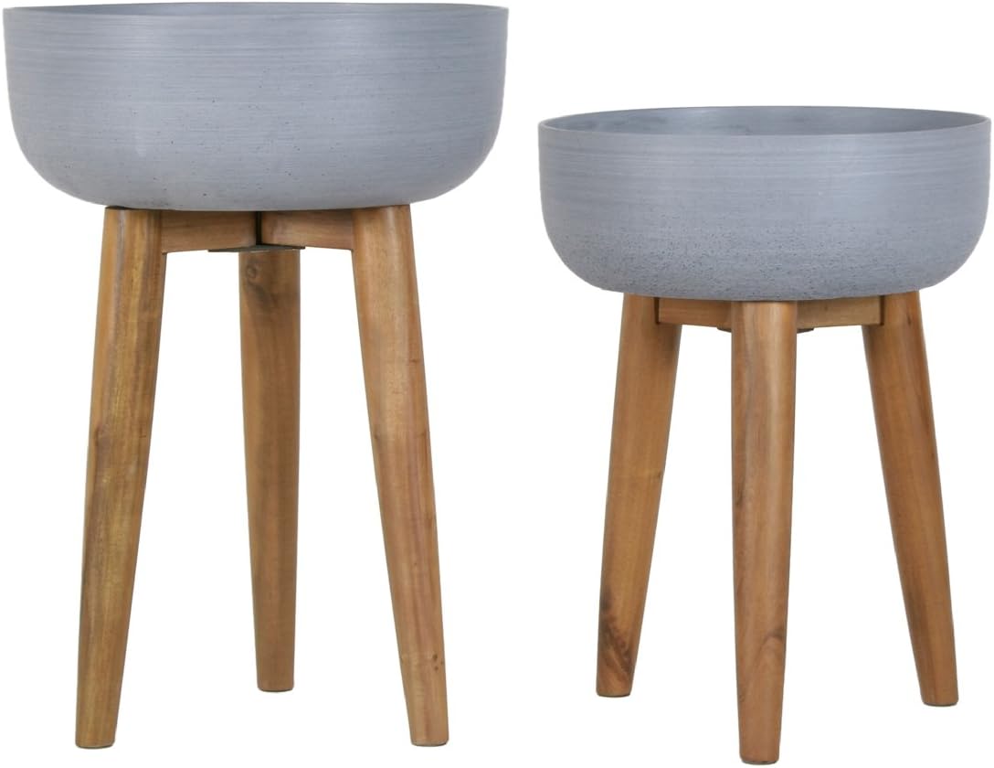greemotion Lissabon Garden Flower Planter, Sandstone Planter Pot with Stand, Decorative Plant Pot for Indoor and Outdoor Use, Standing Planter with Acacia Wood Legs FSC 100%, Set of 2, Grey/Brown