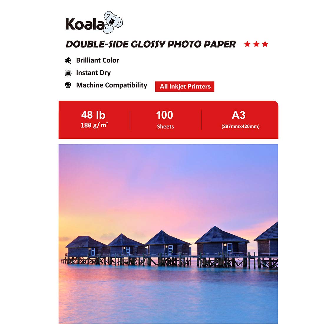 KOALA Double Sided Glossy Inkjet Photo Paper A3, 180gsm, 100 Sheets for Inkjet Printers. Suitable for printing Photos, Brochures, Covers, Certificates, Booklets, Flyers, Leaflets, Cards, Calendars