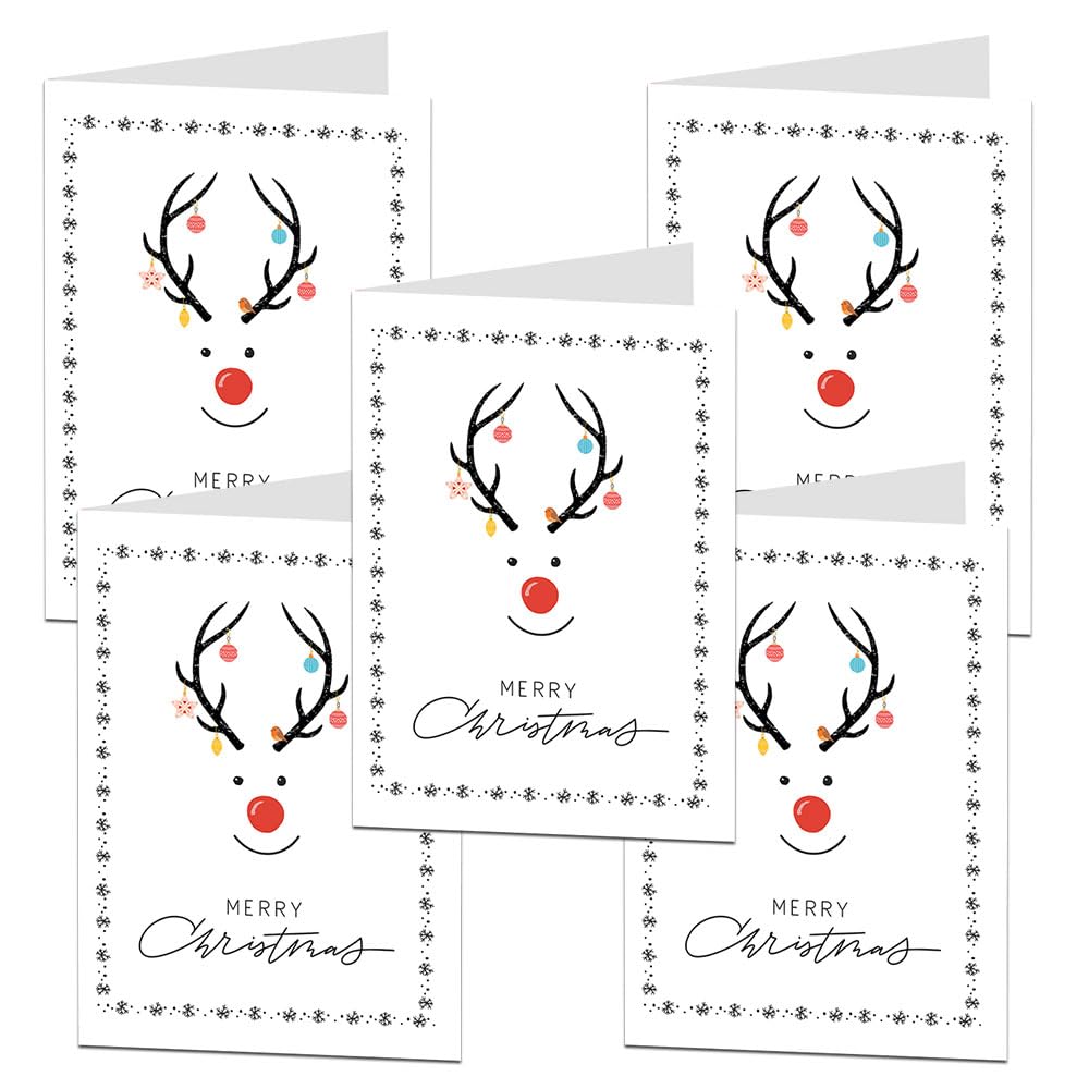 Merry Christmas Card Seasonal Rudolph Design For Adults & Children Modern Luxury Cute Pack 5