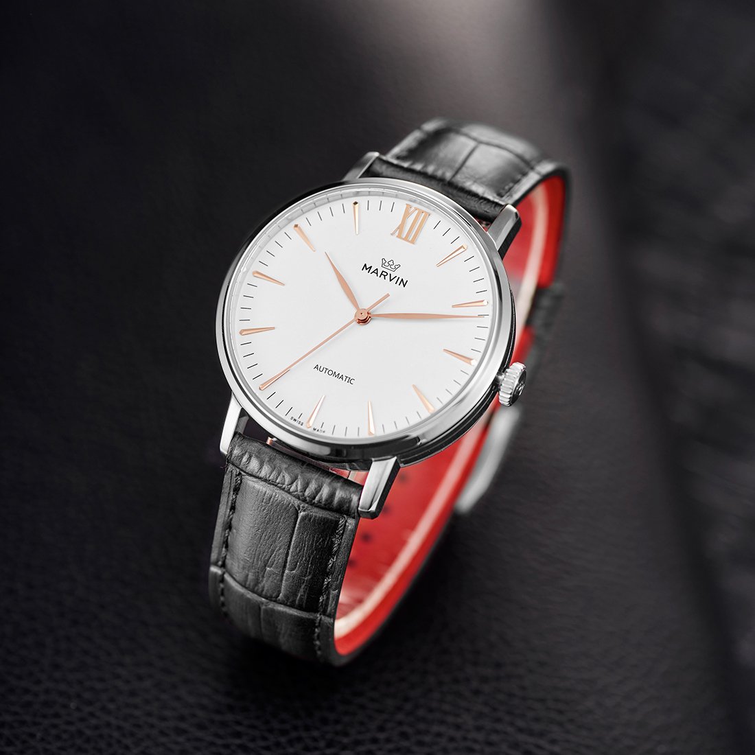 Swiss-Made-Marvin-Automatic-Men-Watches-with-White-Dial-and-Rose-Gold-PVD-Indexes