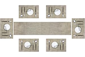 PIGCHCY Modern Elegant Placemats and Table Runner Washable Vinyl Placemats Non-Slip Table mats Sets (6 pcs Placemats+1 pcs Table Runner, Multi Khaki)