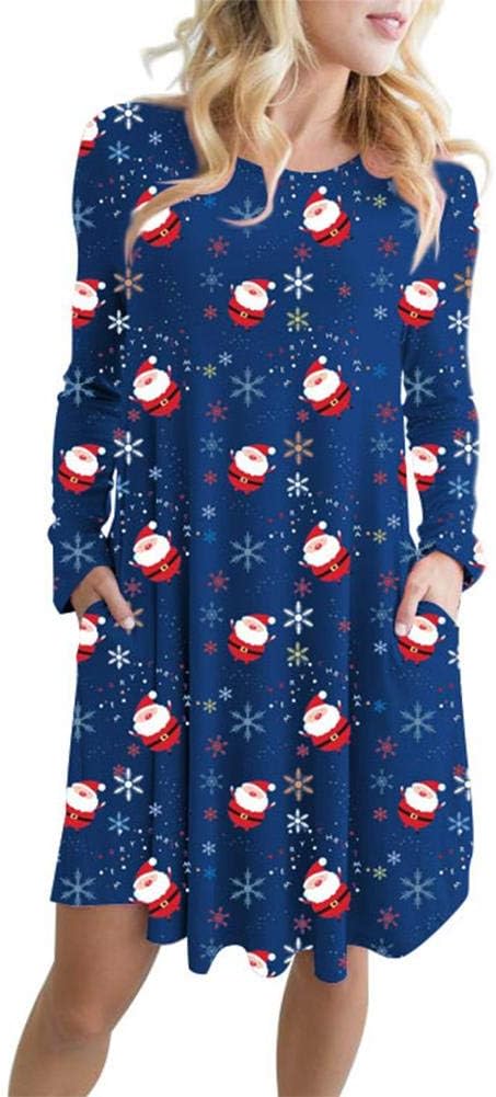 YanHeMingKeJi Women Dresses Plus Size, Women Christmas Cartoon Snowman Santa Printed Big Swing Pocket Mini Dress