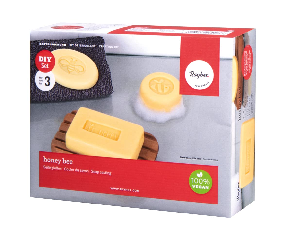 Rayher Soap Making Kit with Melt and Pour Soap Base, Mould, Liquid Soap Colouring with Honey Scent and Four Imprint Labels, 200g, 34469000