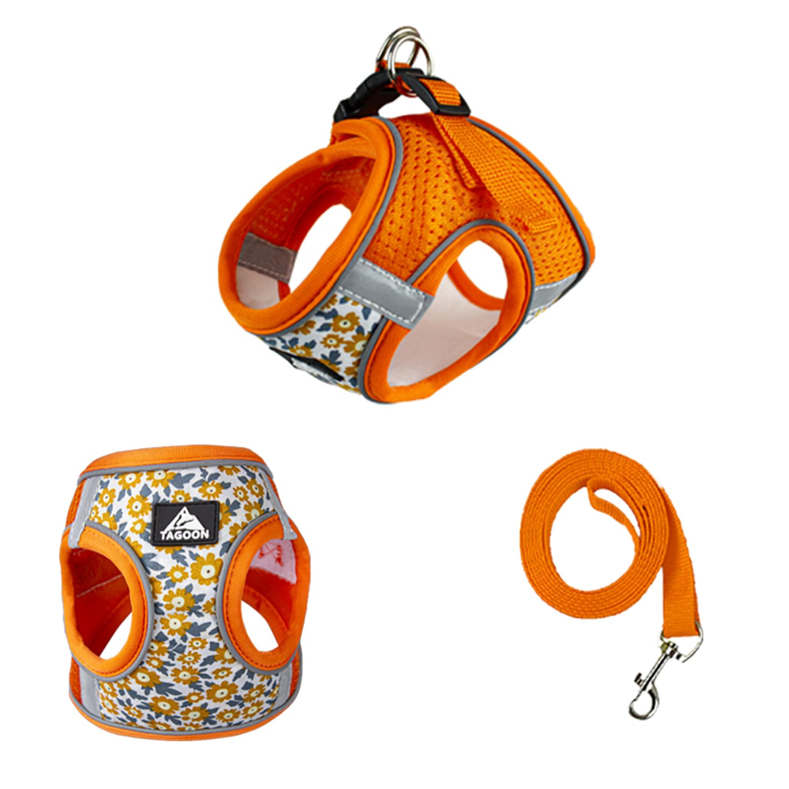 Small Dog Harness Leash Set,Daisy Floral Pattern Pet Harness Vest,Dog Breathable Mesh Adjustable D-Ring Reflective Walking Harness for Cat Puppy Small Medium Dog_M(Orange)