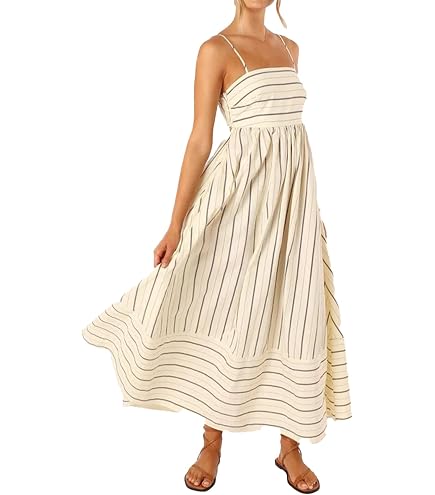 KMBANGI Women Striped Sleeveless Maxi Dress Swing Cutout Midi Dress Backless Smocked Spaghetti Strap Boho Flowy Long Sundress(Flare Blue,S) at Amazon Women's Clothing store