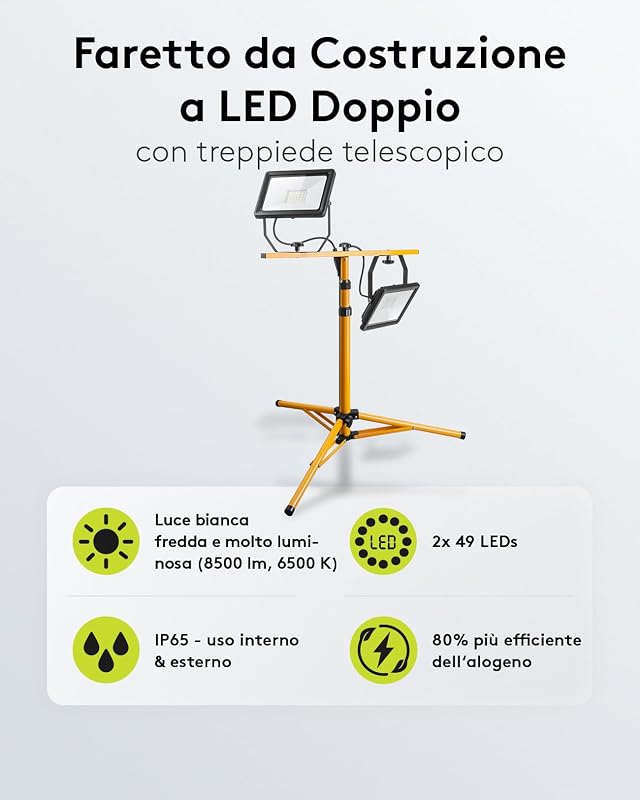 49984 Faretto LED da Cantiere telescopico, Doppia Testa, per Interni ed Esterni, treppiedi in Metallo, Luce Bianca Fredda, Giallo, 2x 50W