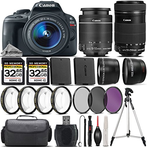 Canon EOS Rebel SL1 DSLR Camera + Canon 18-55mm STM Lens + Canon 55-250mm IS STM Lens + 0.43X Wide Angle Lens + 2.2x Telephoto Lens + 64GB Storage + 4PC Macro Kit + UV-CPL-FLD - International Version Canon EOS Rebel SL1 DSLR Camera + Canon 18-55mm STM Lens + Canon 55-250mm IS STM Lens + 0.43X Wide Angle Lens + 2.2x Telephoto Lens + 64GB Storage + 4PC Macro Kit + UV-CP   L-FLD - International Version