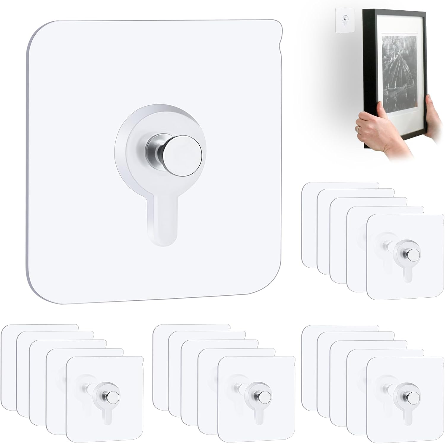 22 Pcs Drill Free Adhesive Wall Hooks, 20 lb Capacity Picture Hanging Hooks, Heavy Duty Picture Hangers Without Nails Strong Hold for Bathroom, Kitchen & Entryway