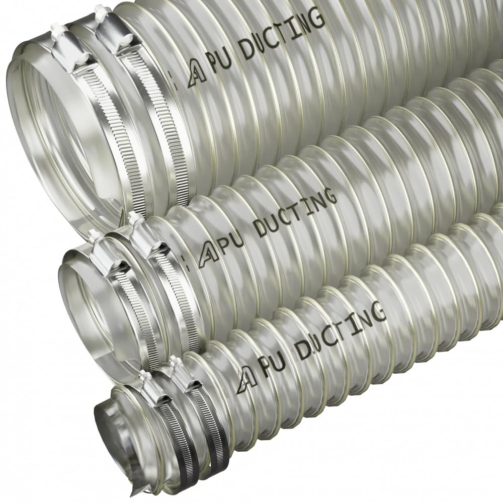 50mm Diameter Flexible Polyurethane Ducting Dust & Fume Extraction, Woodworking + Hose Clips - 2 Metre