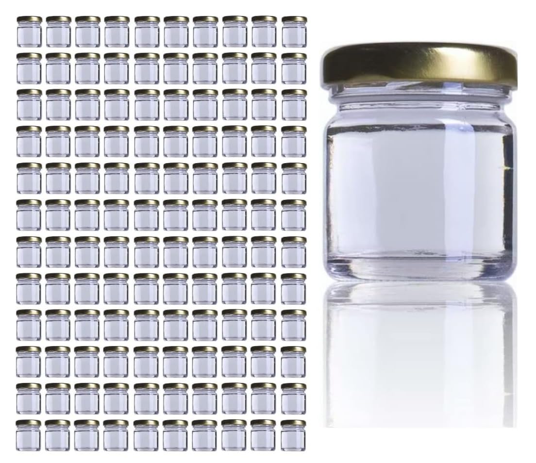 Pack of 100 41ml Mini Glass Jam Jars (1.5oz) including Twist Off lids - Perfect for Jam, Marmalade, Preserves, Sample Pots and more. (Silver Lid, Pack of 100)