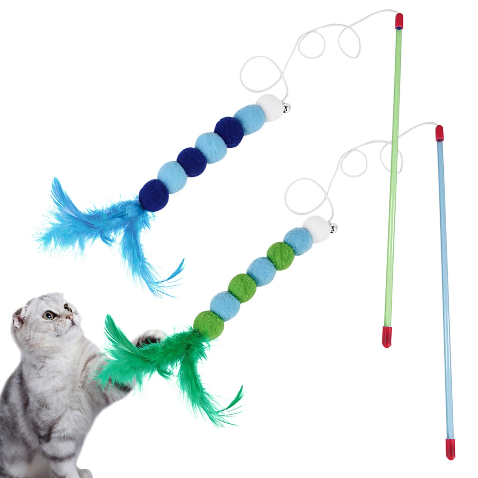 2Pcs Cat Feather Toys,Cat Wand Toys with Bell and Plush Balls,Colourful Interactive Kitten Teaser Pet Toy Wire Chaser Wand Teaser Feather for Pet Indoor Playing Exercising Interactive Training