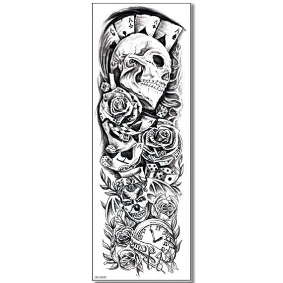 EROSPA® Tattoo-Bogen temporär - Poker Totenkopf Spiel Game Rosen - 48 x 17 cm