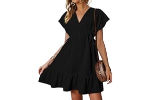 Dokotoo Womens Summer Dresses 2024 Short Sleeve V Neck Drawstring Casual Ruffle A-Line Swing Mini Babydoll Dress