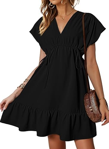 Dokotoo Women's Casual Dresses V Neck Drawstring Short Sleeve