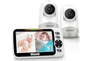 Blemil Upgrade Baby Monitor with 30-Hour Battery, 5" Large Split-Screen Video Baby Monitor with 2 Cameras and Audio, Remote Pan/Tilt/Zoom, Two-Way Talk, Room Temperature, Night Vision, 1000ft Range