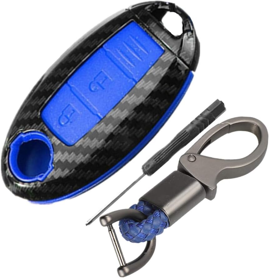 Happyit ABS Carbon Fiber Shell+Silicone Car Key Cover Case Keychain for Nissan 350Z Qashqai J10 J11 X-Trail t31 t32 Kicks Tiida Pathfinder Murano Note Juke 3 Buttons (Blue)
