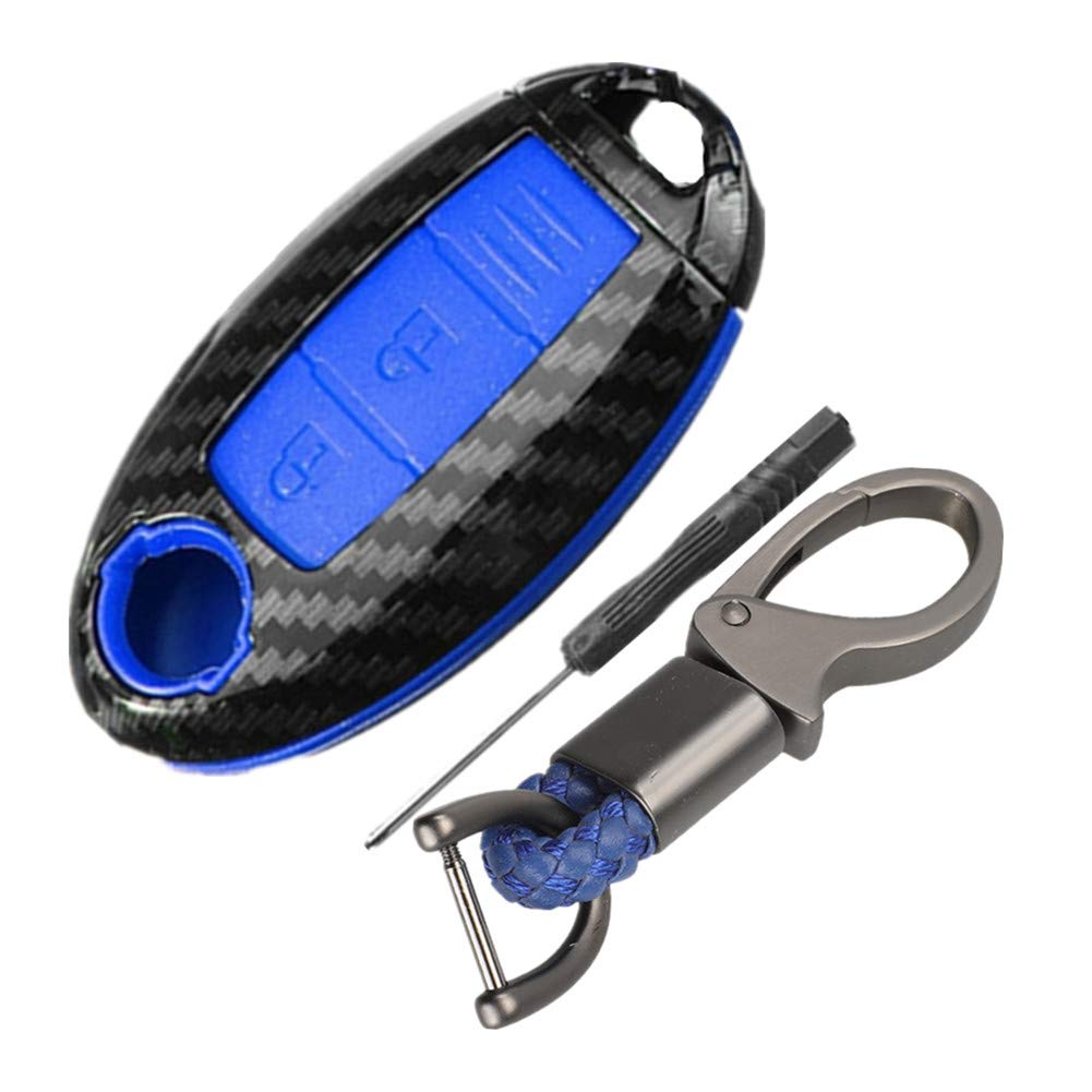 Happyit ABS Carbon Fiber Shell+Silicone Car Key Cover Case Keychain for Nissan 350Z Qashqai J10 J11 X-Trail t31 t32 Kicks Tiida Pathfinder Murano Note Juke 3 Buttons (Blue)