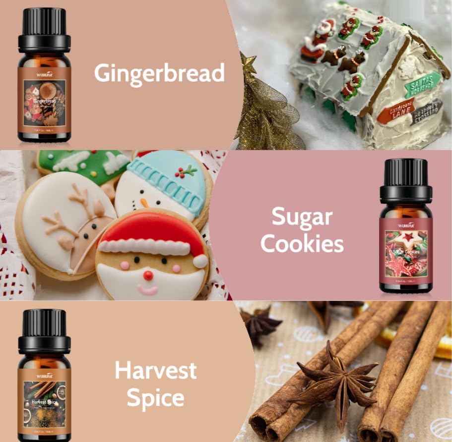 Essential Oils Set, Winter Scents Fragrance Oil Essential Oils for Diffuser Aromatherapy Oils - Gingerbread, Sugar Cookies, Harvest Spice, WinterFae, Christmas Tree, Christmas Wreath, 6x10ml